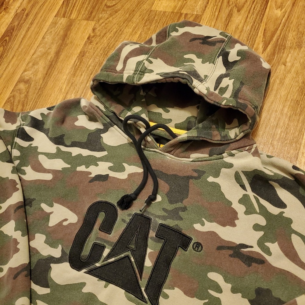 Vtg CAT Camouflage Hoodie Sweatshirt Men 3XL‎ Green Caterpillar Work Y2K